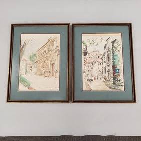 2 framed Spanish prints (one artwork slipped down) 25 1/2"H 19 1/2"W 1 1/4"D