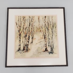 Framed signed Thibautt (?) artwork birches- 22 3/4"H 23"W