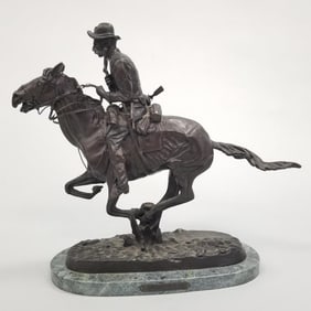 Frederic Remington bronze recast "Trooper of the Plains" on stone base- 13 1/4"H 15"L 5 1/2"D OD