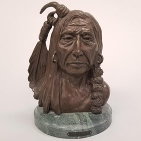 C.M. Russell bronze recast "Indian Brave" on stone base- 10 1/2"H 7 1/2"L 7 1/4"W OD