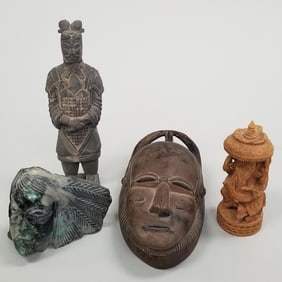 4 carved etc. ethnic items: Native American stone head, 2 pottery pieces & wood deity figure-