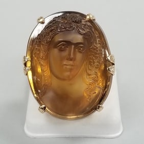 Large deeply carved citrine cameo 14K gold ring- 22.8 grams, approx 25x30mm, size 8
