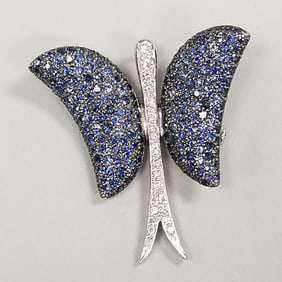 18K gold butterfly pendant brooch set with diamonds & blue sapphires- 14.4 grams, 1 5/8"L, 0.39