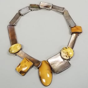Artisan signed sterling silver necklace with natural Baltic amber & gray mother of pearl- 18", 2