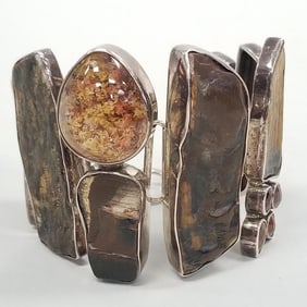 Artisan sterling silver bracelet set with raw amber & citrine- 8 1/4"L 2 1/4" at widest, 137 grams
