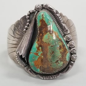 Southwest sterling silver & Royston turquoise cuff bracelet- 124 grams, 2 1/4" interior diameter, 2