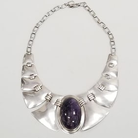 AP (Abraham Paz) artist signed sterling silver necklace with amethyst cabochon- 80 grams, 15"L 1