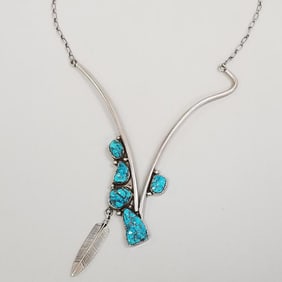 Fred Guerro signed sterling silver necklace set with turquoise- 18"L, 54 grams
