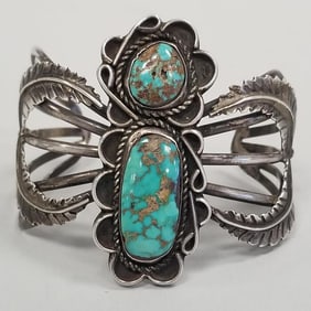 Vintage Southwest sterling silver & turquoise butterfly motif cuff bracelet- 43 grams, 2 3/8" at
