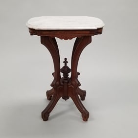 Victorian lamp table with marble top & burled walnut accents (marble top finish as seen) 29"H 21"W