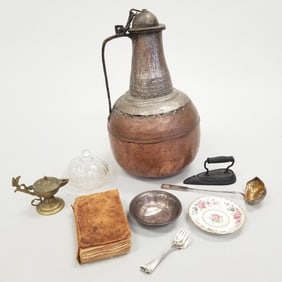 Group including sterling silver bowl/ frog, large copper pitcher, brass oil lamp, etc. 4 toz. total,