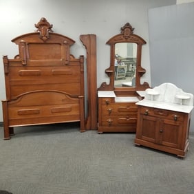 Victorian walnut 3-piece bedroom set: bed, marble top dresser with mirror, marble top commode (as