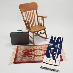 Group including rocker, Finland weaving, Chinese rug, Samsonite suitcase: chair 27"W 23"W 33"L
