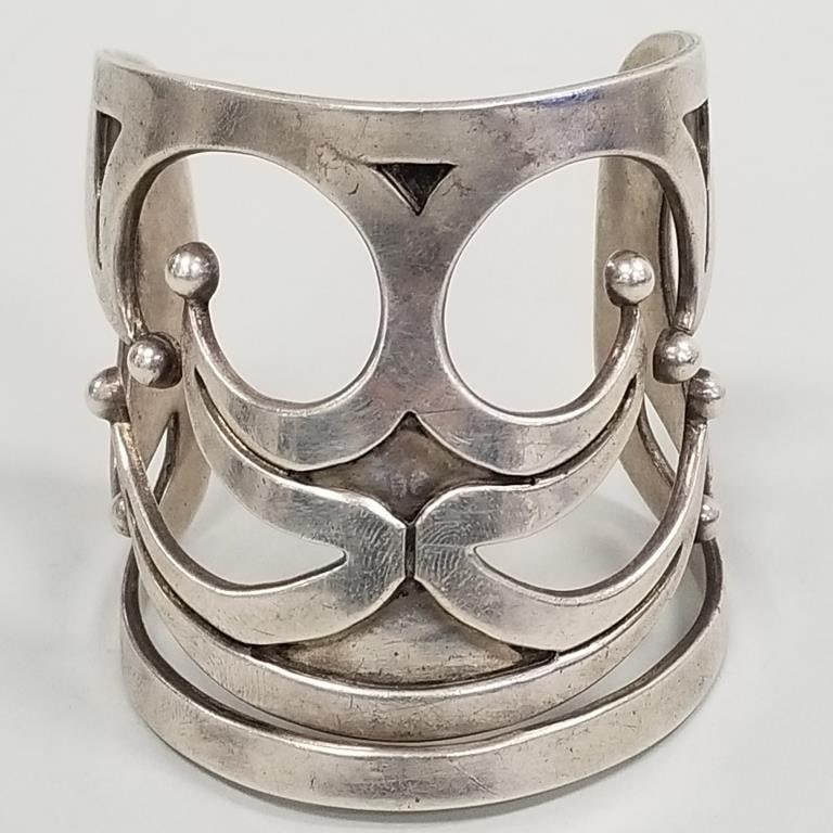 Vintage Taxco sterling silver cuff bracelet marked Emma 511- 2 3/4"W, 2 1/2" interior diameter, 1 (1 of 7)