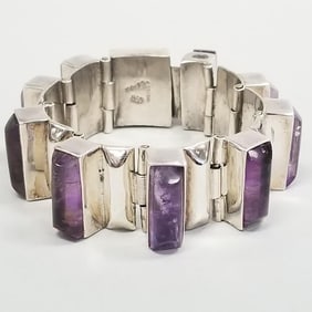 Vintage Taxco modernist sterling silver & amethyst bracelet- 97 grams, 7"L, 1"W