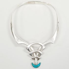 Vintage sterling silver modern hinged collar set with turquoise- 100 grams, 15 1/2" interior