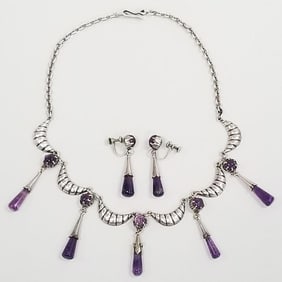 Set signed MPO Taxco sterling silver necklace & earrings with amethyst cabochons & drops- 47 grams