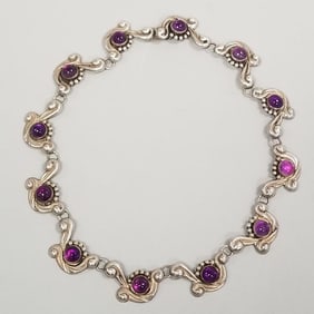 Vintage Mexico sterling silver & amethyst cabochon necklace- 54 grams 16 3/4"L