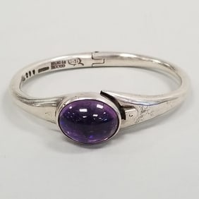 Sigi signed sterling silver & amethyst hinged bracelet- 49 grams 6 1/2" interior circumference, 5/8"