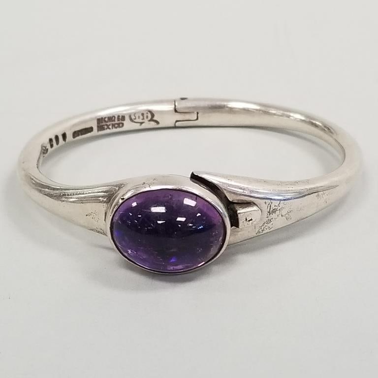 Sigi signed sterling silver & amethyst hinged bracelet- 49 grams 6 1/2" interior circumference, 5/8" (1 of 10)
