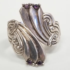 Mexico sterling silver hinged clamper bracelet with amethyst cabochons- 84 grams, 2 3/4" interior