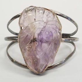 Large carved amethyst cameo cuff bracelet set in sterling silver- 45 grams, 2 1/2" diameter, 3/4"