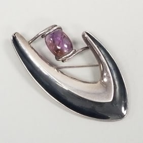 Sigi signed modernist sterling silver brooch set with amethyst- 19 grams 2 1/2"L, 1 1/4"W