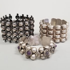 3 Mexico silver bracelets 1 set with amethyst- 178 grams total, 2" widest, 7 1/2"L