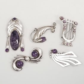 5 Mexico silver & amethyst brooches some signed- 81 grams total, 2 3/4" longest