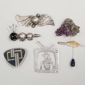 6 assorted sterling, etc. silver brooches some set with stones 87 grams total (2 clasps as seen) 3