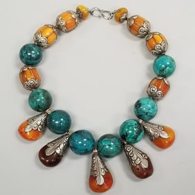 Large chunky ethnic amber & stone bead necklace- 600 grams, 25"L, 2 1/4" longest drop