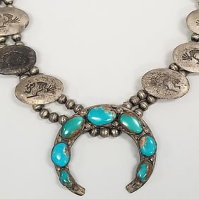 Southwest silver squash blossom necklace with Kokopelli design & turquoise accented naja- 166 grams,