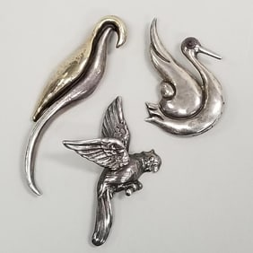 3 figural sterling silver bird brooches 1 set with amethyst- 67 grams total, 4 3/4" longest