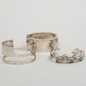 3 sterling silver bracelets including Zina, hinged Taxco & cactus mark- 218 grams total