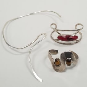 3 pieces signed sterling silver jewelry: mason asymmetrical necklace, TN red stone bracelet, tiger