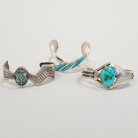 3 Southwest sterling silver bracelets set with turquoise, etc. 2 signed- 119 grams total