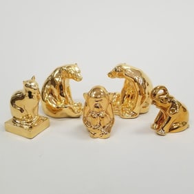 5 Rookwood "Present Day Collection" 24K gold finish figural pottery paperweights: bears, elephant,