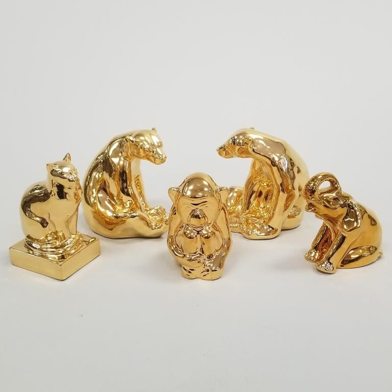 5 Rookwood "Present Day Collection" 24K gold finish figural pottery paperweights: bears, elephant, (1 of 20)