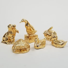6 Rookwood "Present Day Collection" 24K gold finish figural pottery paperweights: dog, duck, turtle,