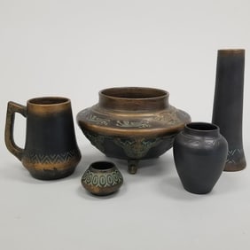 5 pieces Norse pottery: footed bowl, tall vase, etc (hairline to small shouldered vase) 8 1/2"
