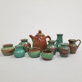 10 pieces Pine Ridge pottery including lidded teapot- 7 1/2"H 7"W 5"D largest