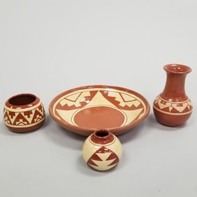 4 pieces Pine Ridge carved pottery 5  3/4" tallest 10" widest
