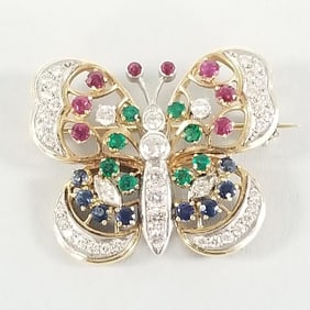 14k gold gemstone butterfly brooch- 10.7g, 1" x 1 1/4". Stones include diamonds, rubies, emeralds, &