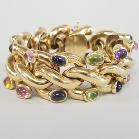 18k chunky Italy gold bracelet s/w semi-precious cabochon stones- 134.5g, 7 1/2"L, 1"W (few stones