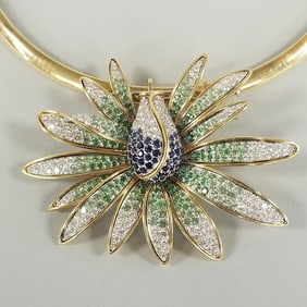 Picchiotti 18k gold diamond & sapphire floral pendant brooch on 18k omega necklace- 95.3g total, 3