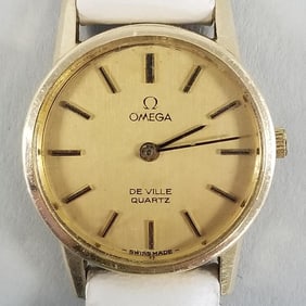 Omega 14k gold ladies watch- 7/8" wide case, (needs service, band split)