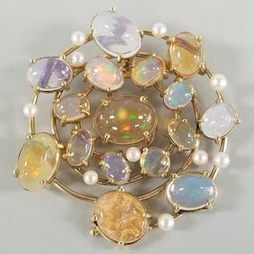 Tested 14k gold & opal cabochon pendant/ brooch w/ cultured pearl accents- 28.5g, 2 1/8"