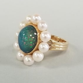 Tested 14k gold opal cabochon & cultured pearl ring- 8.3g, size 6 3/4