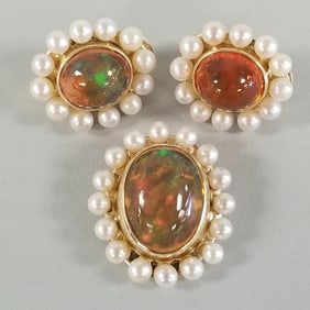 Set tested 14k gold, opal & cultured pearl jewelry brooch & pierced earrings- 19.8g total, 1" brooch