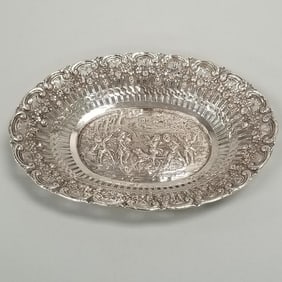 Antique 800 silver pierced & repousse cherub motif bowl- 6 toz, 9"L 6 1/4"W 1 1/2"H